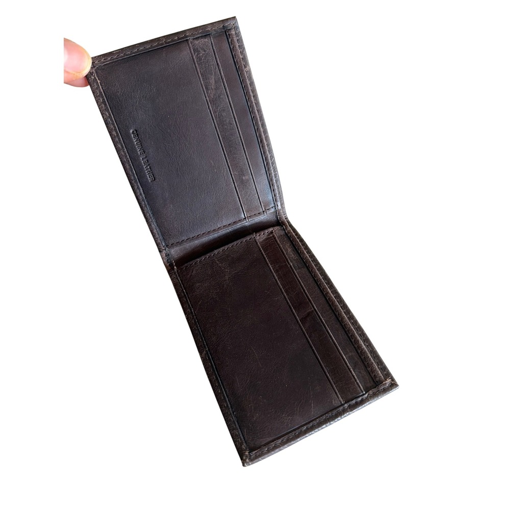 Bifold Wallet‎ Green Plaid Fabric Brown Genuine Leather 6 Card Slots - Picture 2 of 5